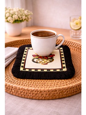 Karam Home Vintage Çiçek Desenli Kahve Sunumluğu | Siyah Püsküllü