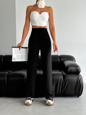 Kadın Siyah Cırtlı Örme Bol Paça Pantolon – Rahat Kesim, Günlük & Şık