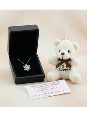 Normadia Parlak 925 Ayar Gümüş Lotus Çiçek Kolye ve Peluş Ayıcık Anahtarlık Seti