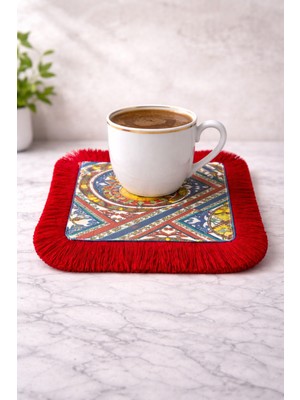 Karam Home Güneş Desenli Kırmızı Püsküllü Kahve Yanı Sunum Peçetesi