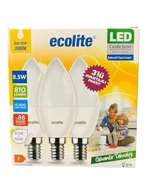 Brf 8.5W LED Mum Ampul – E14 Duy, 810 Lümen, 3000K Sarı Işık, 60W Eşdeğer, 3’lü Paket, Opal Dekoratif Ampul, Dimmer Uyumlu Değil,%86 Enerji Tasarrufu, 99X37 mm (Sarı)