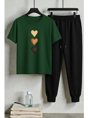 Punix Kids Punıx Kids Özel Seri Üç Dikey Kalp Baskılı %100 Pamuk Kısa Kollu Yazlık Kız Çocuk Eşofman Takımı