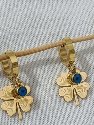 Normadia Parlak Paslanmaz Çelik Yonca ve Nazar Boncuklu Şık Küpe