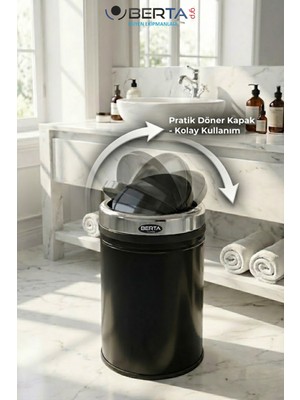 Berta Hijyen 8 Litre Döner Kapaklı Metal Çöp Kovası - Paslanmaz Banyo, Mutfak ve Ofis Tipi Pratik Çöp Kutusu