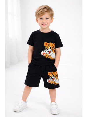 cc Collection Erkek Çocuk Siyah Kaplan Baskılı Tişört ve Şort Takım