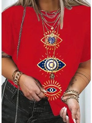 Punix Punıx Büyük Beden Özel Seri Üç Nazar Göz Baskılı %100 Pamuk Oversize Battal Kadın T-Shırt