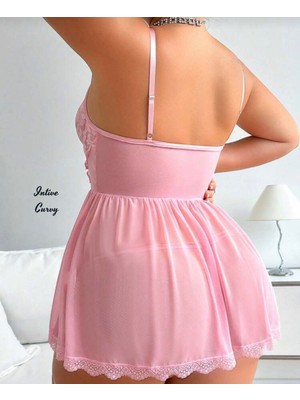 Intive Lingerie Intive Curvy Pembe Büyük Beden Önden Bağlamalı Göğsü Dantelli Transparan Gecelik