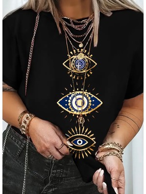 Punix Punıx Büyük Beden Özel Seri Üç Nazar Göz Baskılı %100 Pamuk Oversize Battal Kadın T-Shırt