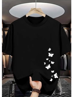 Punix Punıx Büyük Beden Özel Seri Minik Kelebekler Uçuşuyor Baskılı %100 Pamuk Modern Battal  Kadın T-Shırt