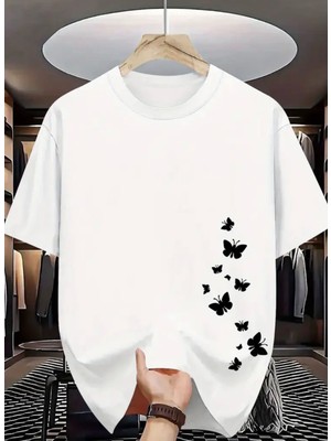 Punix Punıx Büyük Beden Özel Seri Minik Kelebekler Uçuşuyor Baskılı %100 Pamuk Modern Battal  Kadın T-Shırt