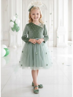 Treemass Kız Çocuk Kadife ve Tülden Elbise Özel Günler Için Ideal.