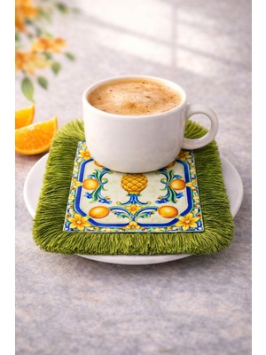 Karam Home Çam Kozalağı Figürlü Yeşil Püsküllü Kahve Sunum Peçetesi | Akdeniz Seramik Desen Sunumluk