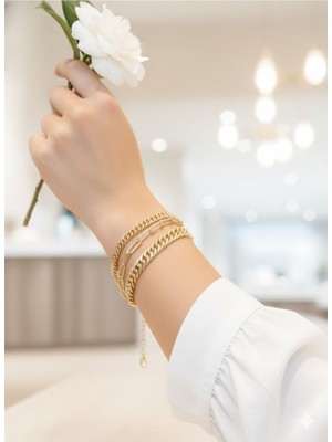 Normadia Şık Kadın 3'lü Gold Kombin Bileklik Seti, Zarif ve Modern Takı Seçeneği