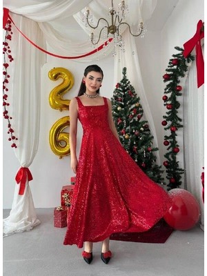 Nils Butik Pul Payetli Kare Yaka Uzun Abiye Elbise - Işıltılı Davet Elbisesi