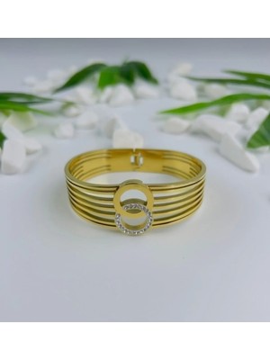 Normadia Zirkon Taşlı Çelik Kalın Kelepçe Bilezik, Şık ve Modern Tasarım