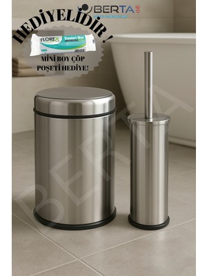 Berta Hijyen Metal Pratik Kapak Çöp Kovası 8lt ve Tuvalet Fırçası Banyo Seti - Mini Boy Çöp Poşeti Hediyelidir