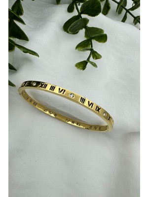 Normadia Paslanmaz Çelik 36L Roma Rakamlı Zirkon Taşlı Kelepçe Bileklik