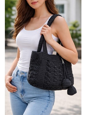 Kadın Siyah Omuz Çanta El Örgü Çanta Makrome Çanta El Yapımı Çanta Kadın Çanta Tasarım  Antkırtasiyeaksesuar