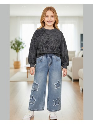 Asliva Fashion Kız Çocuk Antrasit Yıldız Desenli Sweatshirt ve Yıldız Nakışlı Jean Pantolon Takım