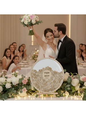 Evlilik Sepetim Düğün-Nişan Beyaz Pleksi 50 cm Yuvarlak Misafir-Hatıra Anı Kutusu + Şövale ve Kalem Hediyeli