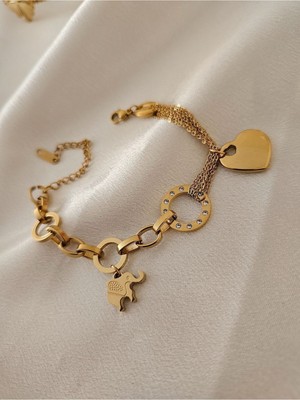 Normadia Şık Çelik Fil Motifli Kalpli Zincir Bileklik, Dayanıklı ve Zarif Tasarım