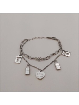Normadia Şık Çelik Sallantılı Ikili Zincir Bileklik Seti, Kalp ve Kilit Detayları