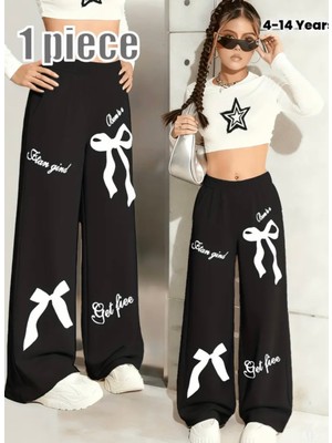 Kids Face Özel Tasarım Kurdele Baskılı %100 Pamuk Ispanyol Paça Hip Hop Yazlık Kız Çocuk Eşofman Altı