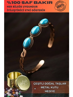 Normadia Kadın Bakır Bileklik, Örgü Model, Mavi Akik Taşlı, Zarif Takı Seti