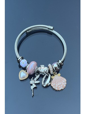 Normadia Çelik Kadın Bileklik, Gümüş Renk, Kalpli ve Deniz Kabuk Detaylı Kelepçe