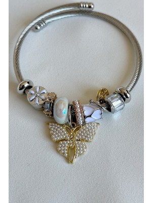 Normadia Şık Çelik Bileklik, Beyaz Kelebek Charm Tasarımı, Kadınlar Için Renkli Takı