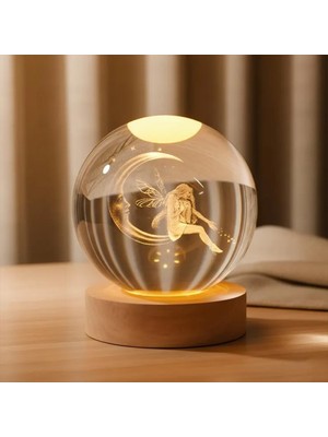 Hediyesahibi Kişiye Özel Büyük Boy Işıklı Ahşap Kaideli Ay Üzerinde Melek Temalı Cam Küre 8cm