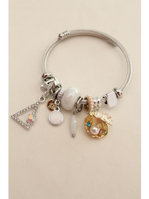 Normadia Şık Kadın Çelik Bileklik, Beyaz Taş ve Incili Istiridye Detayı