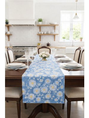 Rona Home Mavi Papatya Desenli Lüks Runner Ranır Kaliteli Dokuma Kumaş Leke Tutmaz Dekoratif Masa Runner Ranır