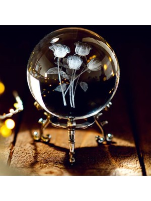 Hediyesahibi Dekoratif Büyük Boymetal Ayaklı Gül Demeti Tasarımlı 3D Cam Küre 8cm