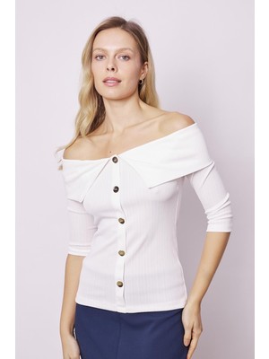 Jument Kadın Ottoman Likralı Madonna Yaka Düğme Detaylı Bluz 20522 Krem