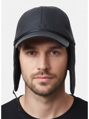 Balkonda Şapka Hakiki Deri Kulaklı Siyah Unisex