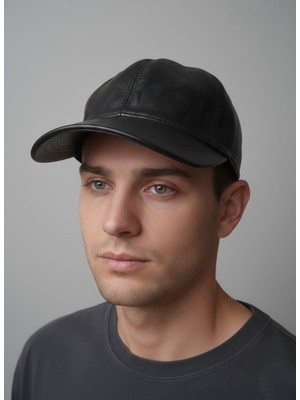 Balkonda Şapka Cap Hakiki Deri Siyah Unisex