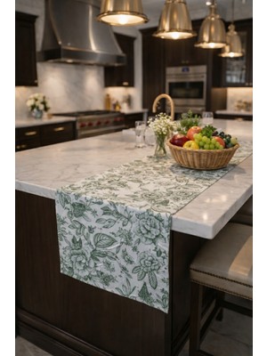 Rona Home Yeşil Çiçekli Premium Kumaş Masa Runner Ranır - Leke Tutmaz Kaliteli Keten Görünümlü Mutfak Runner