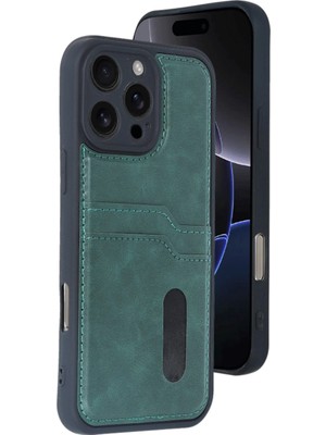 Alem Iphone 16 Pro Kılıf Sara Kartvizitli Deri Kılıf - Koyu Yeşil