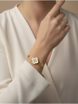 BG Jewellery Vıp Sedefli Yonca Çelik Gold Bileklik