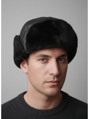 Balkonda Şapka Hakiki Deri Kulaklı Siyah Unisex