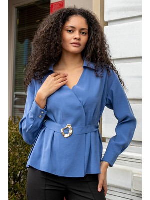 Jument Kadın Modal Cupra Yakalı Anvelop Kemerli Bluz 20557 Indigo