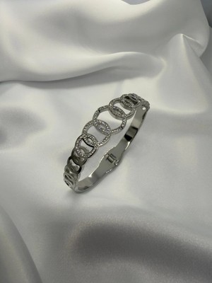 BG Jewellery Vıp Gümüş Desenli Taşlı Çelik Kelepçe