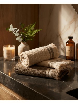 Plume Ceramic Home %100 Pamuk 4*30x50cm Premium Kahverengi Krem Saçaklı El Yüz Havlu Seti