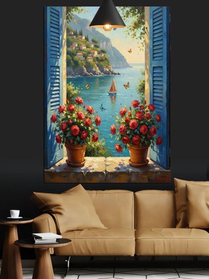 Mushen Studıo Manzaralı Pencere ve Deniz Dekoratif Kanvas - Mdf Ahşap Tablo