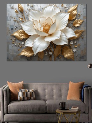 Mushen Studıo Altın Beyaz Lotus Çiçeği Dekoratif Tablo