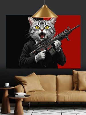 Mushen Studıo Silahlı Kedi Gangster Duruşu Dekoratif Kanvas - Mdf Ahşap Tablo