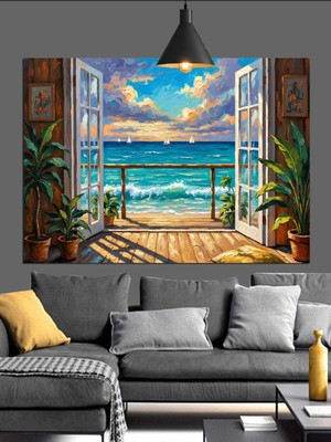 Mushen Studio Mushen Studıo Deniz Manzaralı Açık Pencere Retro Dekoratif Kanvas - Mdf Ahşap Tablo
