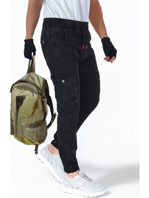 Modacix Kot Siyah – Erkek Kot Jogger - Beli Lastikli Kargo Pantolon Fermuarsız