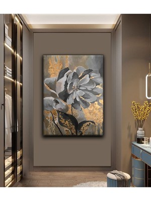 Mushen Studio Mushen Studıo Dekoratif Modern Şık Çiçek Gri Gold Siyah Hd Dijital Baskı Dikey Kanvas Tablo Oturma Odası Dekoru